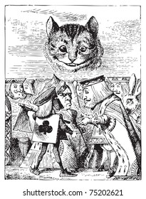 Executioner argues with King about cutting off Cheshire Cat head - Alice's Adventures in Wonderland original vintage engraving.