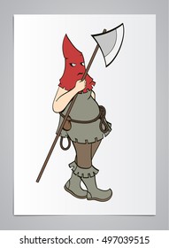 The executioner with an ax. Vector cartoon image. Handmade. Hood, belt, shoes with bells, the Middle Ages. Background as a paper. Color character.