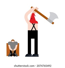 executioner cuts his head on scaffold. vector illustration