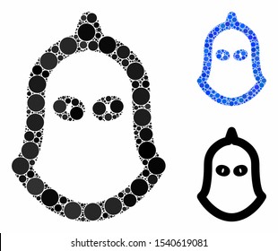 Executioner helmet composition of circle elements in different sizes and color tones, based on executioner helmet icon. Vector filled circles are combined into blue composition.