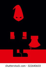 Executioner in mask and with an axe. Scary Punisher stands in claret at night.  Person commits penalty. Blood flows down with an hatchet.