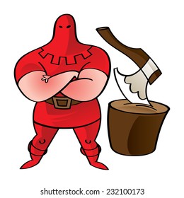 Executioner in red - axe, wooden block, crime, punishment, death