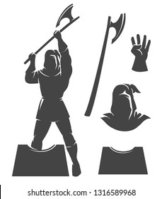 The executioner Silhouettte emblem on a white background. Axe, block, glove and Punisher Hood. Vector illustration
