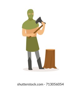 Executioner standing with axe,   medieval character in traditional costume colorful vector Illustration