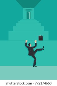 An executive ascending a giant staircase that leads to success