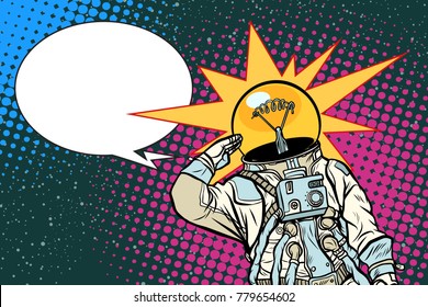 Executive astronaut head light bulb idea. Pop art retro vector illustration.