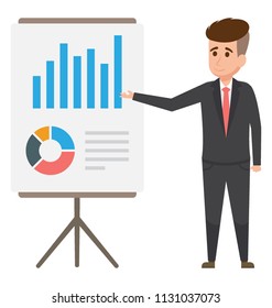 
An executive avatar standing on a presentation board with graphical presentation showing business evaluation 

