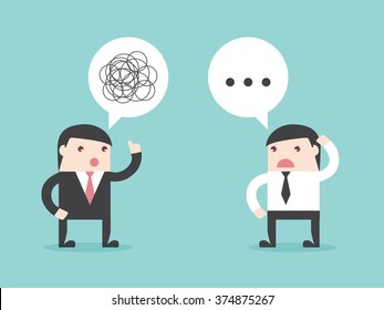 Executive Bad Communication. Businessman Does Not Understand. Talking Confused. Flat Design For Business Financial Marketing Banking Office People Life Stock Fund In Concept Cartoon Illustration.