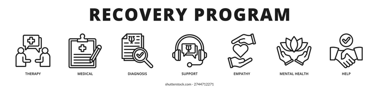 Executive banner dedicated to structured recovery programs integrating clinical diagnosis, therapeutic support, and compassionate care pathways outline icon style