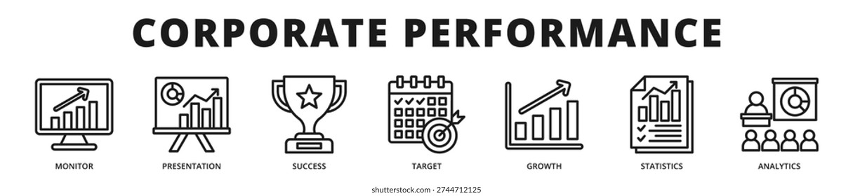 Executive banner presenting corporate performance measurement through strategic monitoring, analytics reporting, and growth driven evaluation systems outline icon style