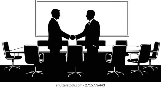 Ilustración vectorial de silueta de sala de juntas ejecutivas con equipo sentado alrededor de la mesa para reuniones corporativas.