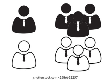 Executive or boss person icon is suitable for mobile applications, depicting one icon to depict one executive person and 3 group icons to depict a group of executive people