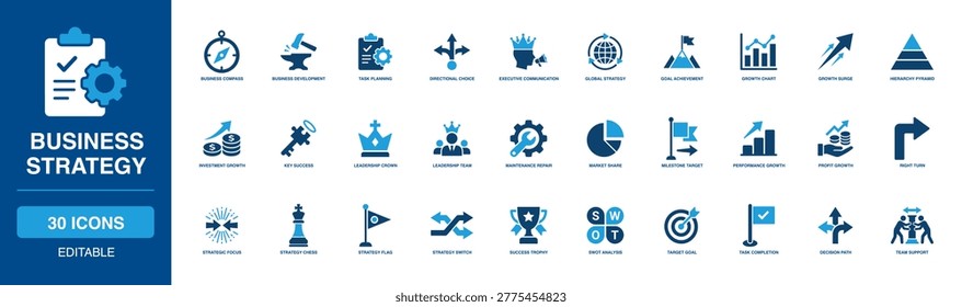 Executive Business Strategy Solid Icon Set checking precise target goal, rapid growth chart, tight leadership team, bright success trophy, deep swot analysis, and clear decision path pure directions.