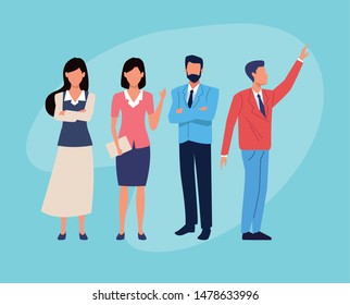 Executive business workers characters with utensils on blue background vector illustration graphic design.
