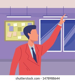 Executive businessman with arm up faceless inside office building with corkboard and windows vector illustration graphic design.