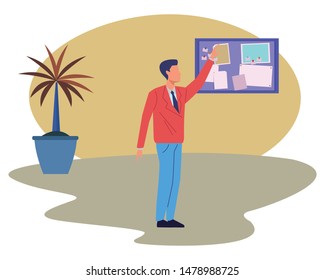 Executive businessman with arm up faceless in the office with corkboard and plant pot ,vector illustration graphic design.