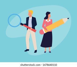 Executive businessman with magnifying glass and businesswoman with pencil on blue background vector illustration graphic design.