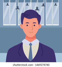 Executive businessman smilig profile cartoon over office windows ,vector illustration graphic design.