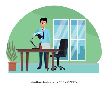 Executive businessman worker smiling in office with desk and chair scenery vector illustration graphic design.