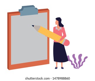 Executive businesswoman with big pencil writing on clipboard ,vector illustration graphic design.