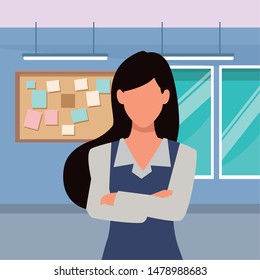 Executive businesswoman with crossed arms inside office building with corkboard and windows vector illustration graphic design.