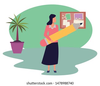 Executive businesswoman holding big pencil in the office with corkboard and plant pot ,vector illustration graphic design.