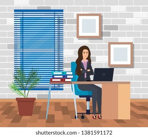 executive businesswoman in the office with diplomas and books