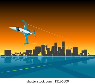 Executive City Jet on take-off against City backdrop.