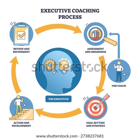 Executive coaching process diagram mapping assess, coach, goals, action, review around the executive, lightbulb, target, magnifying glass highlight insight, aim, analysis. Outline diagram