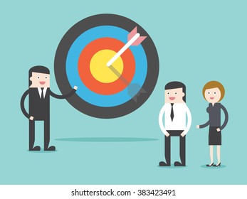 Executive explain business target to businessman businesswoman.  Flat design for business financial marketing banking advertising commercial web minimal concept cartoon illustration.