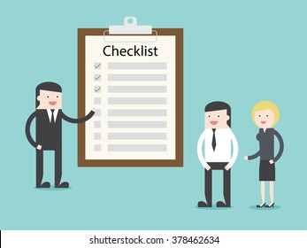 Executive explain checklist to businessman businesswoman.  Flat design for business financial marketing banking advertising web concept cartoon illustration.