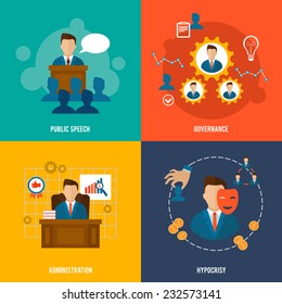 Executive flat icons set with public speech governance administration hypocrisy isolated vector illustration.