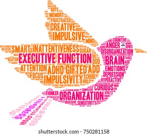 Executive Function ADHD word cloud on a white background. 