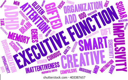 Executive Function word cloud on a white background. 