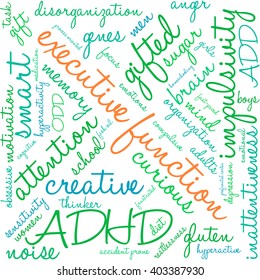 Executive Function word cloud on a white background. 