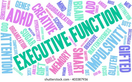 Executive Function word cloud on a white background. 