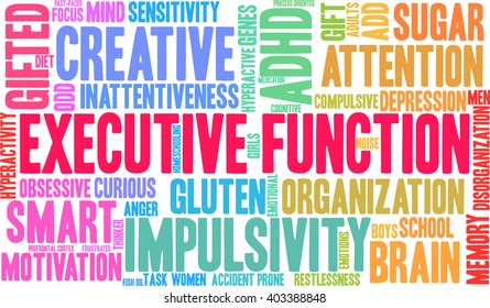 Executive Function word cloud on a white background. 