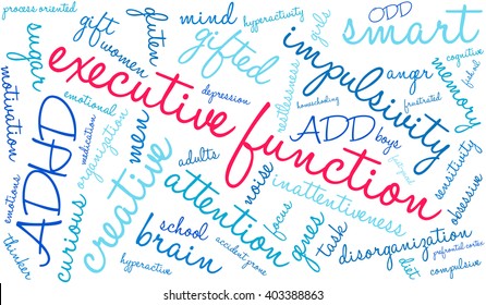 Executive Function word cloud on a white background. 