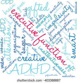 Executive Function word cloud on a white background. 