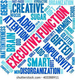 Executive Function word cloud on a white background. 