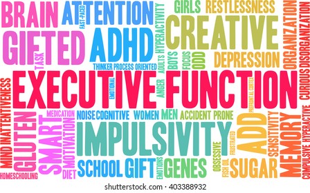 Executive Function word cloud on a white background. 