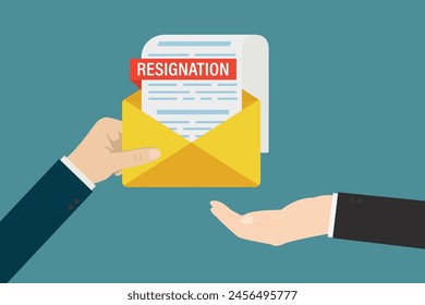 Executive hand sending a resignation letter to the chief. Change of job, unemployment, resign concept. Boss hand give envelope with document about dismissal. flat vector illustration