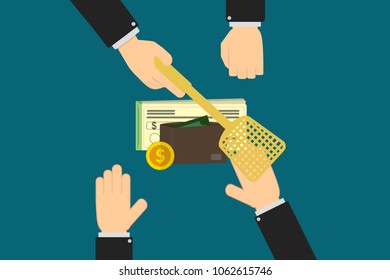 Executive hands prevent account holder from withdrawing cash, a wallet, checkbook and coins, personal finance concept