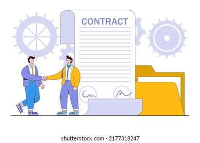 Executive Handshaking, Business Transaction, Agreement Or Partnership Document, Success Negotiation Concepts. Two Businessmen Shaking Hands After Signing And Understanding Legal Contract Papers.