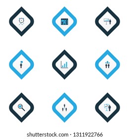 Executive icons colored set with business target, time management, project statistics and other group elements. Isolated vector illustration executive icons.