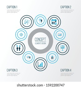Executive icons colored set with communication, project statistics, project presentation and other discussion elements. Isolated vector illustration executive icons.