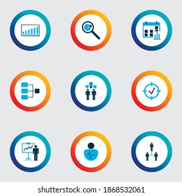 Executive icons colored set with connection network, project presentation, personality traits and other magnifier elements. Isolated vector illustration executive icons.