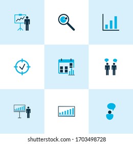 Executive icons colored set with idea discussions, personal presentation, project goals and other seminar elements. Isolated vector illustration executive icons.