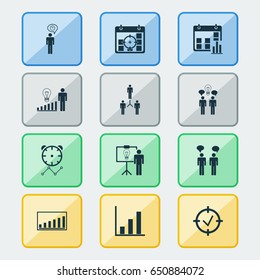 Executive Icons Set. Collection Of Planning, Team Meeting, Bar Chart And Other Elements. Also Includes Symbols Such As Target, Brainstorming, Graph.