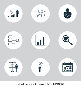 Executive Icons Set. Collection Of Project Targets, Personal Character, Project Analysis And Other Elements. Also Includes Symbols Such As Progress, Structure, Statistic.